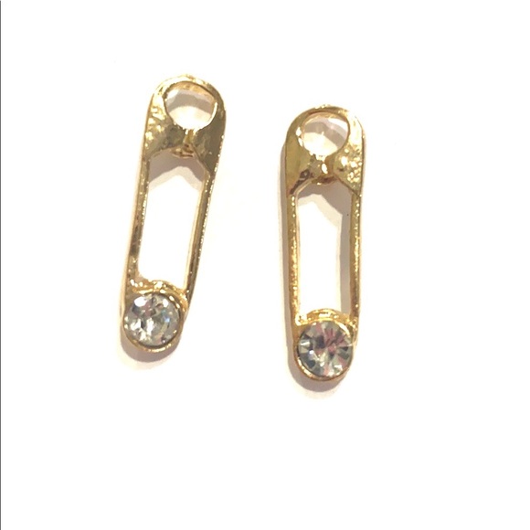 Safety Pin Earrings 2 Pairs Gold Tone Clear Rhinestones - Picture 4 of 4